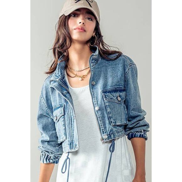 Urban Daizy Utility Cropped Drawstring Hem Stand Collar Denim Jacket - Picture 12 of 16
